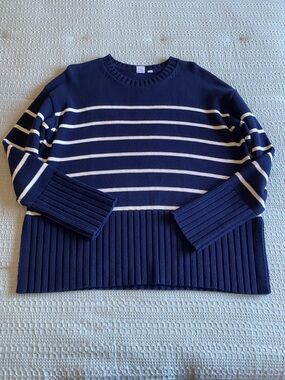 Gap 100% Cotton Split Hem Ribbed Crew Neck Sweater Navy White Stripe size XS